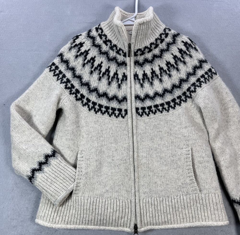 LL Bean Womens S Petite Wool Mix Fair Isle Full Zip Sweater Jacket Sherpa Lined